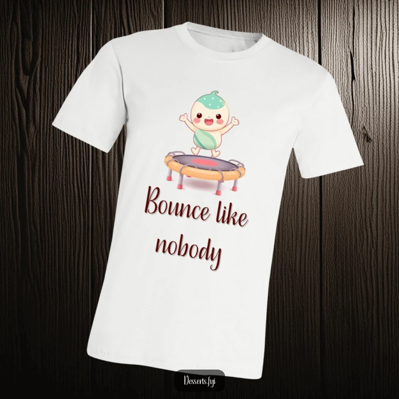 Funny T-shirt showing a cheerful candy character triumphantly bouncing on a bright taffy trampoline, radiating pure fun.