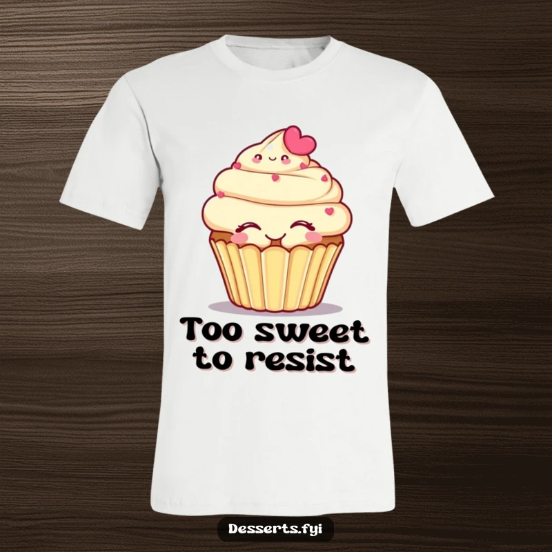 Funny T-shirt with a smiling cupcake character hugging itself with eyes closed, radiating happiness and sweetness.
