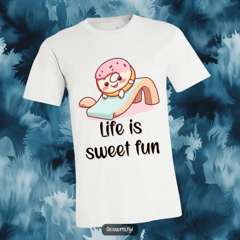 Funny t-shirt featuring a cheerful donut with frosting, gleefully sliding down a slide, perfect for spreading joy and humor.
