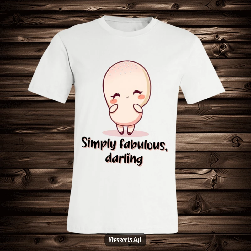 Funny t-shirt showcasing a charming macaron character in an elegant pose, lightly dusted with sugar, exuding sweet style and humor.