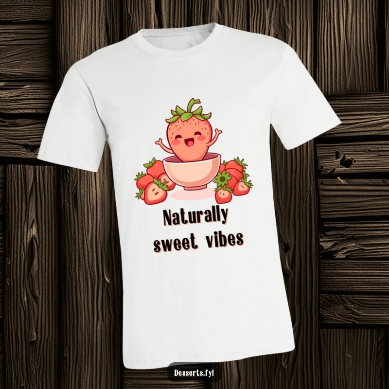 Funny strawberry t-shirt showcasing a jovial strawberry jumping into a bowl, perfect for celebrating fresh fruits and healthy eating.