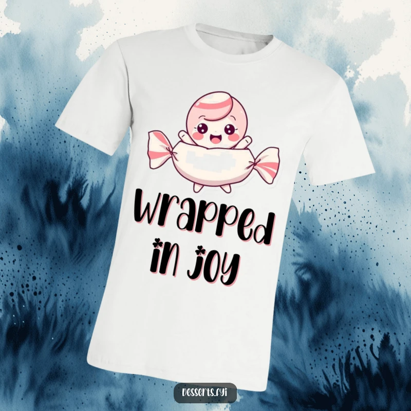 Funny t-shirt featuring a playful candy character bouncing energetically inside its wrapper, symbolizing sweet fun.