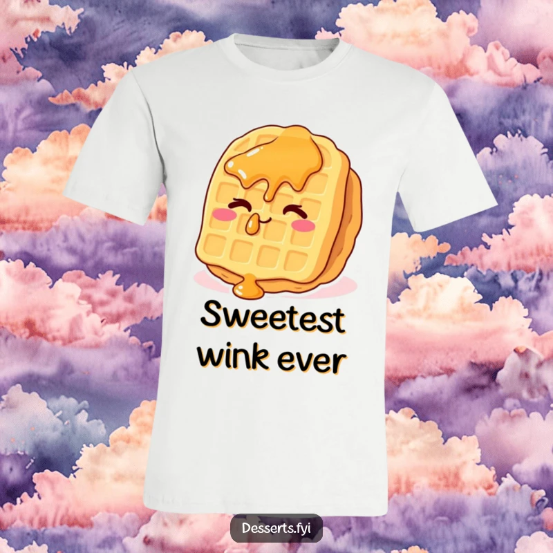 Funny t-shirt with a whimsical waffle, syrup drops glistening, giving a cheeky wink, perfect for breakfast enthusiasts and joke lovers.