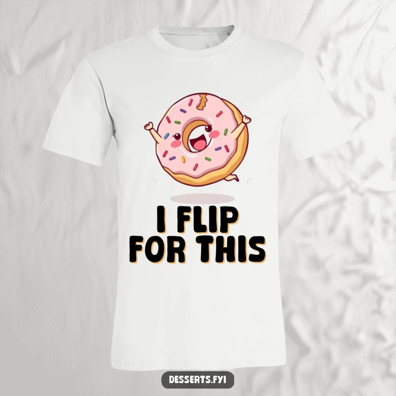 Funny t-shirt depicting a cheerful donut with sprinkles doing a joyful cartwheel with sprinkles flying.
