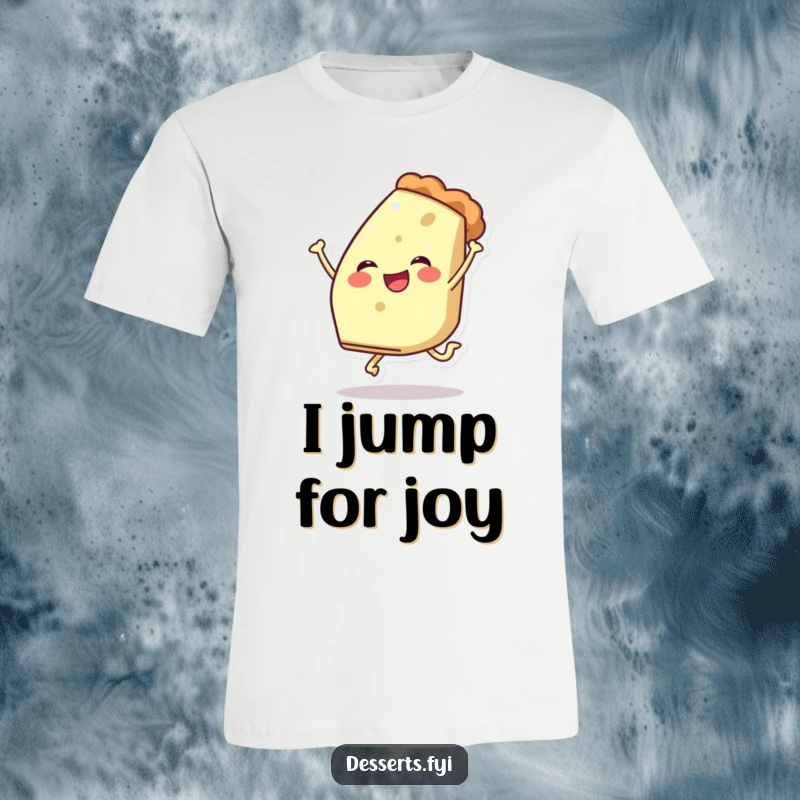 Funny t-shirt: a cheerful slice of pie character performs a playful leap, radiating pure dessert happiness and dynamic movement.