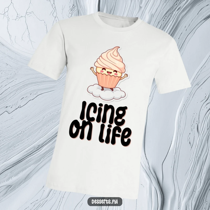 Funny T-Shirt: A smiling cupcake character performs a joyful dance atop a soft whipped cream cloud, showcasing happy vibes.