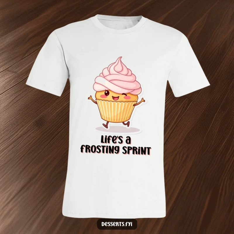 Funny t-shirt depicting a smiling cupcake with tiny legs happily skipping, its frosting headwear adding to the charm.