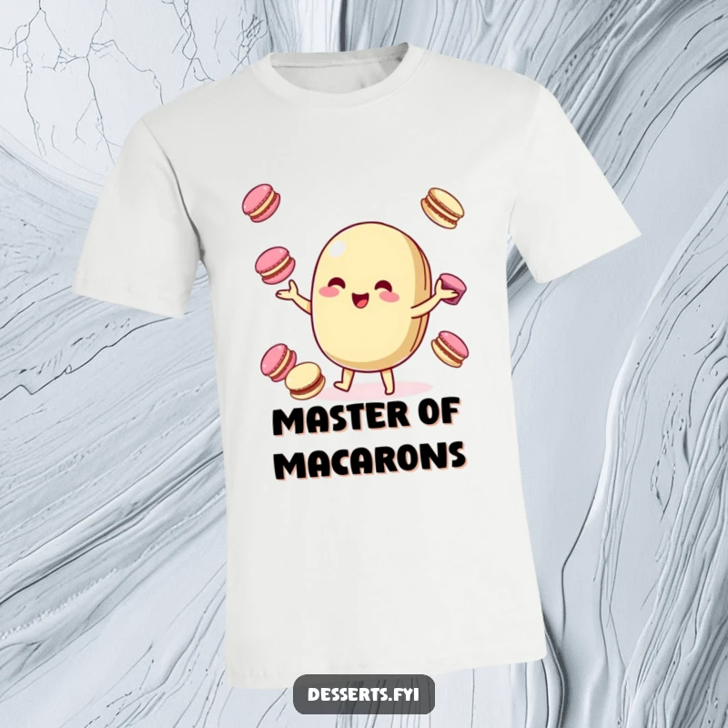 Funny T-Shirt: A playful macaroon character is depicted happily juggling smaller, colorful macarons, radiating sweet, cheerful energy.