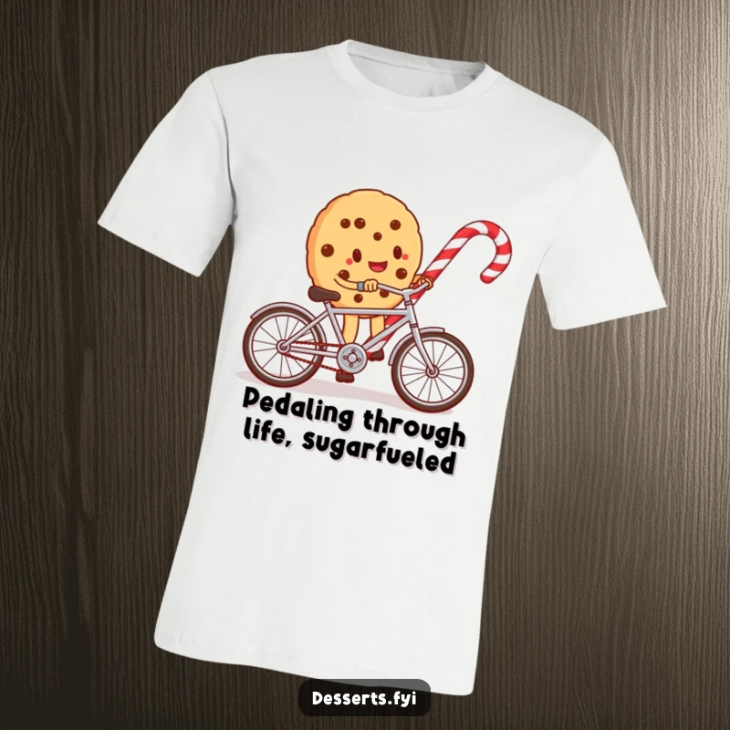 Funny t-shirt showcasing a whimsical cookie character energetically riding a small bicycle around a large candy cane, full of cheerful motion.