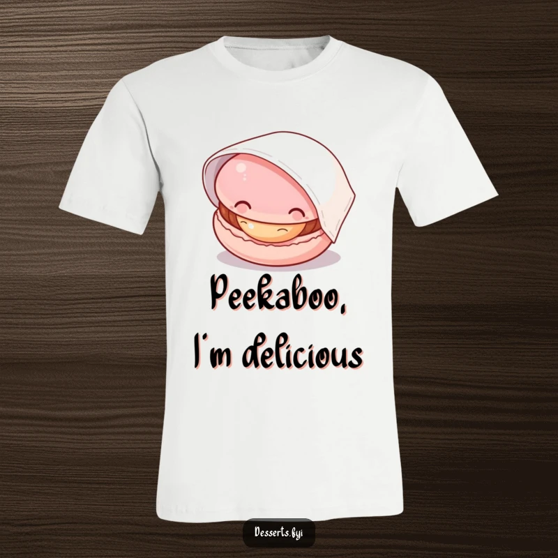 Funny t-shirt with a curious macaron peeking out from under a napkin, highlighting its filling, a delightful design for food lovers.