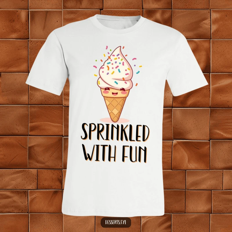 Funny t-shirt with a giggling ice cream cone happily showering itself with a cascade of rainbow sprinkles. Ideal for summer vibes and sweet-themed humor.