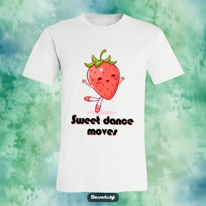 Funny t-shirt depicting a bouncing strawberry wearing miniature ballet slippers, mid-pirouette. A joyful and humorous gift.