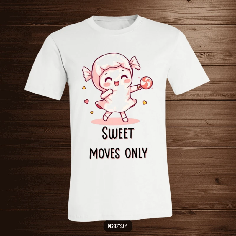Funny t-shirt showing a playful candy wrapper dancing with a piece of candy, embodying sweet fun and energetic motion.