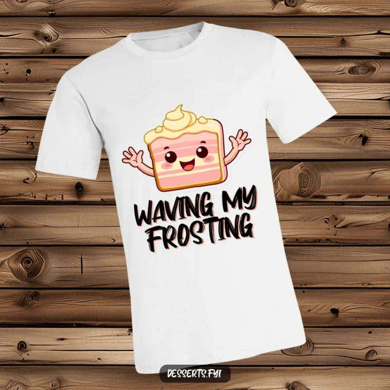 Funny t-shirt depicting a playful slice of cake with its frosting arms waving with enthusiastic energy.