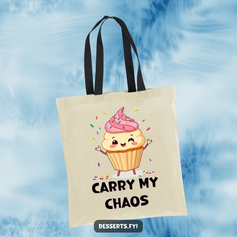 Funny Tote Bag: A happy cupcake character juggles sprinkles, perfect for carrying essentials with sweet charm.