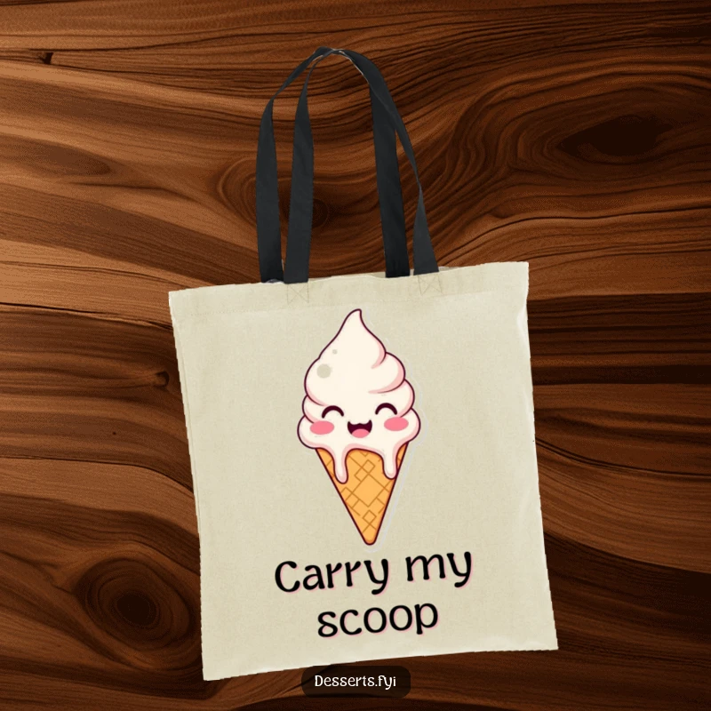 Funny tote bag featuring a happy ice cream cone character melting with joy, perfect for carrying essentials with sweet flair.