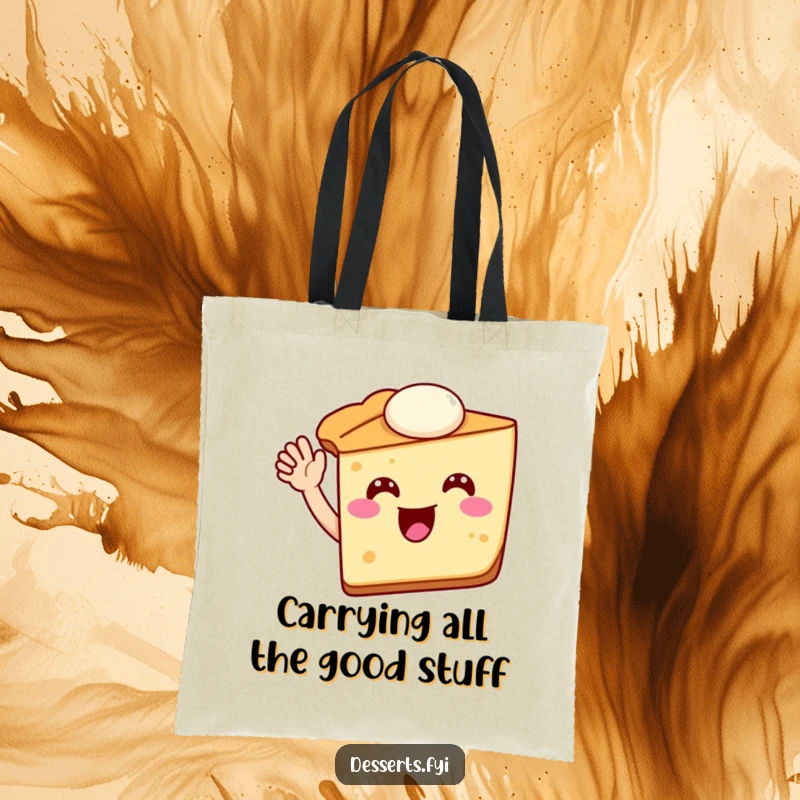 Funny pie slice tote bag with a happy pie character waving enthusiastically, great for carrying items with a touch of dessert humor.