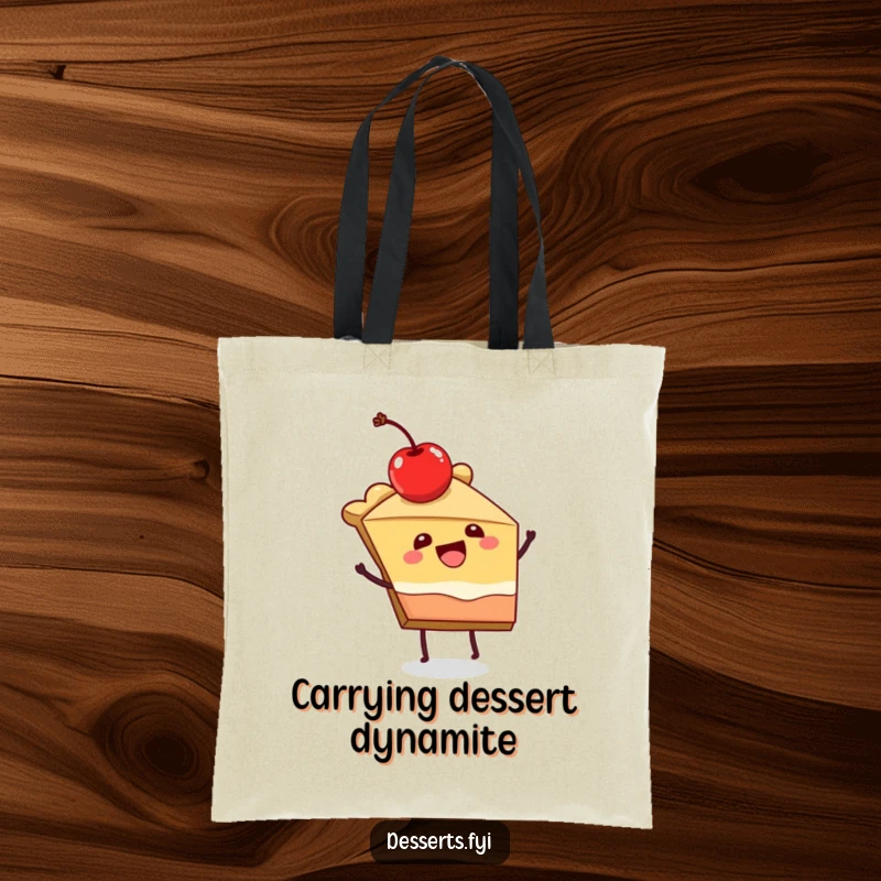 Funny tote bag with a joyful slice of pie character dancing, showcasing festive movement and happiness.