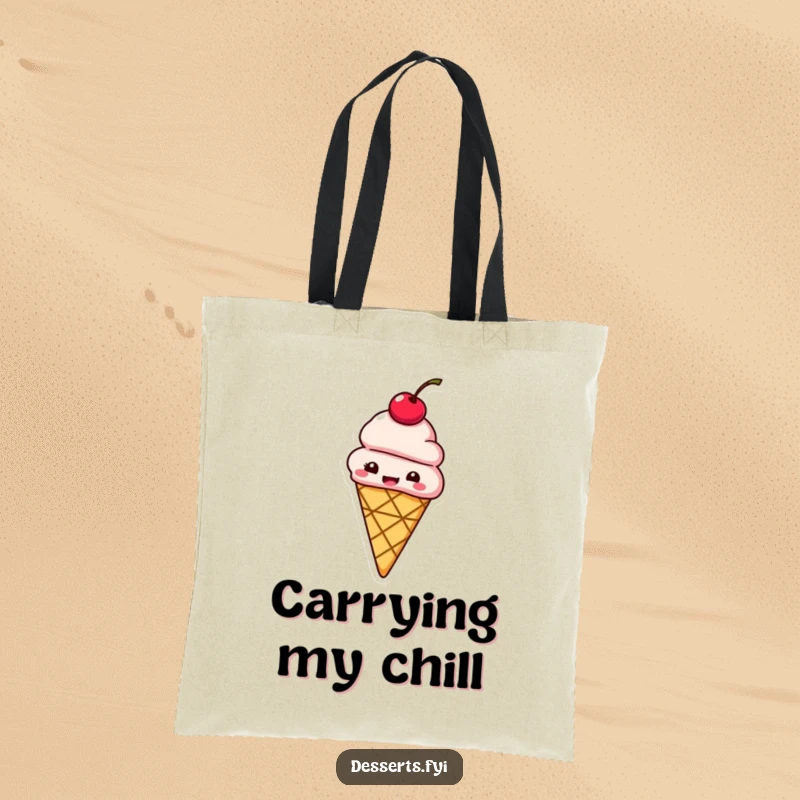Funny tote bag featuring a giggling ice cream cone with a cherry on top bouncing with delight.