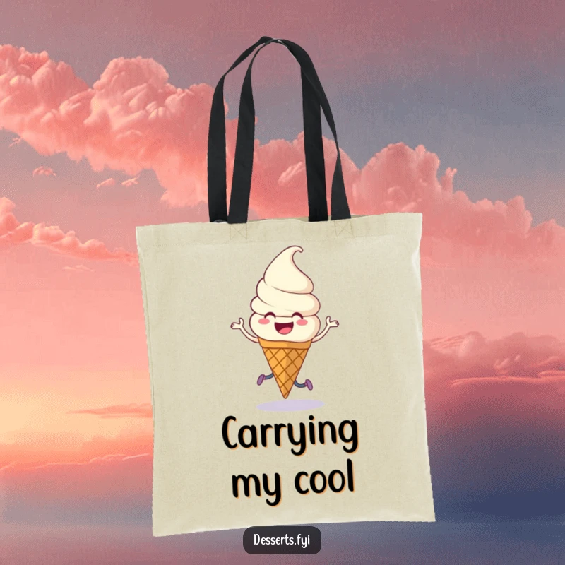 Funny Tote Bag: An ice cream cone with legs happily doing a jig.