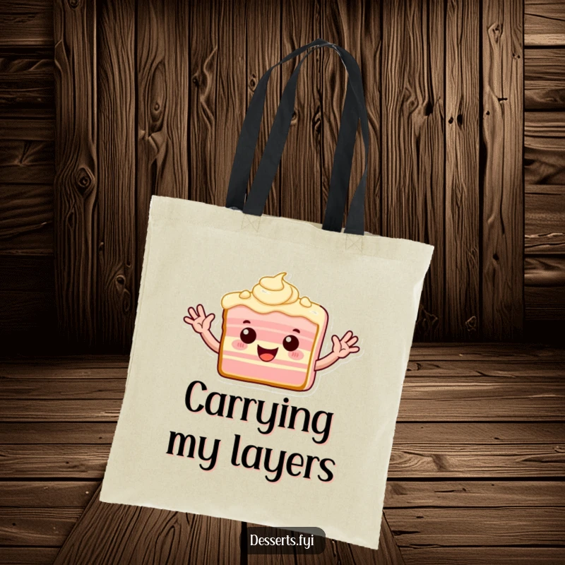 Funny tote bag featuring a playful slice of cake with frosting arms waving enthusiastically.