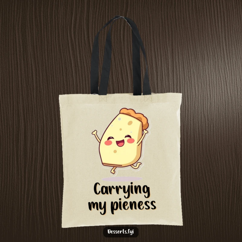 Funny tote bag: a cheerful slice of pie character does a playful leap, embodying celebration and sweet dessert energy.