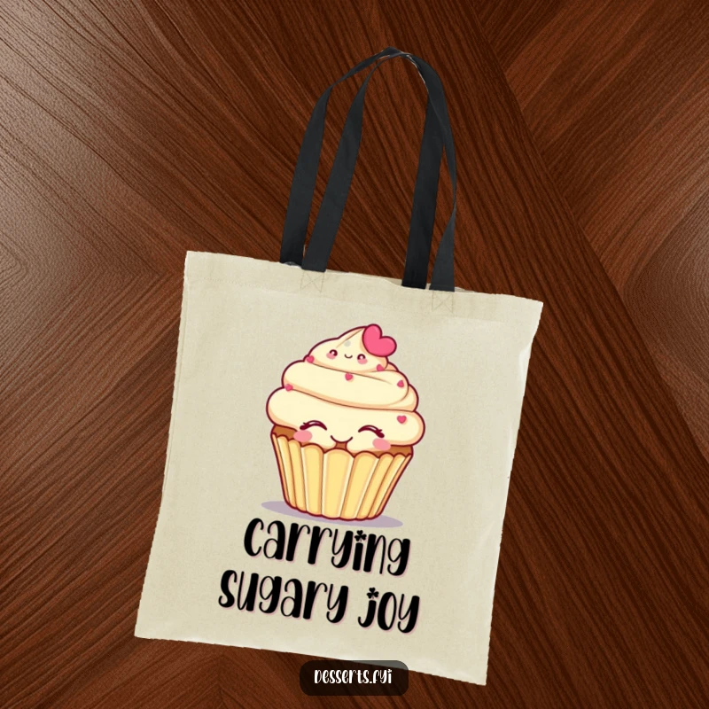 Funny tote bag with a smiling cupcake character in a self-embrace, showcasing pure joy and sweetness.