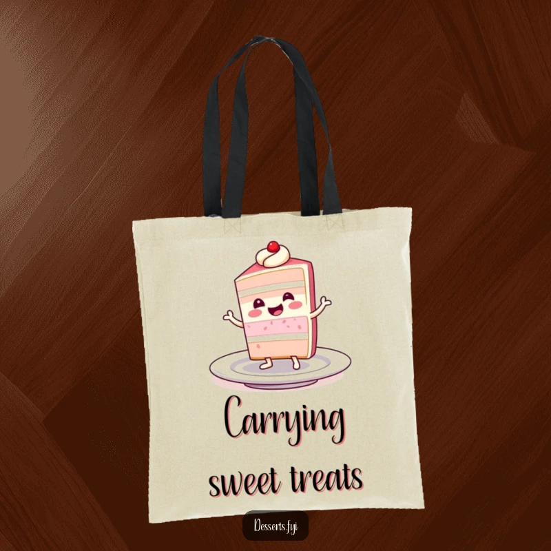 Funny tote bag depicting a smiling slice of cake character doing a little dance on a plate, perfect for carrying goodies with a sweet, humorous touch.