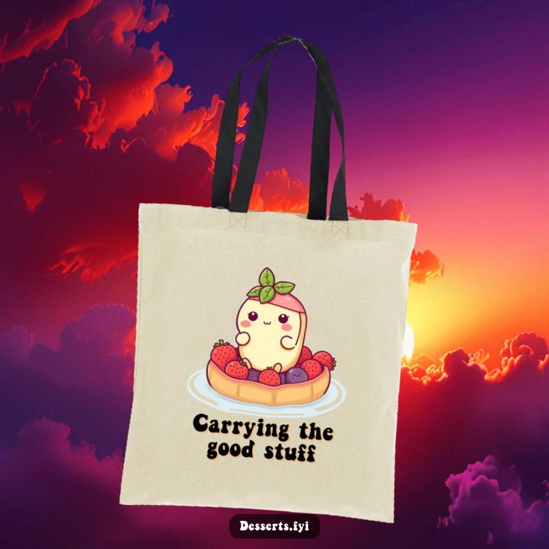Funny tote bag depicting a buoyant tart character floating on a berry raft, perfect for carrying essentials with a sweet, humorous vibe.