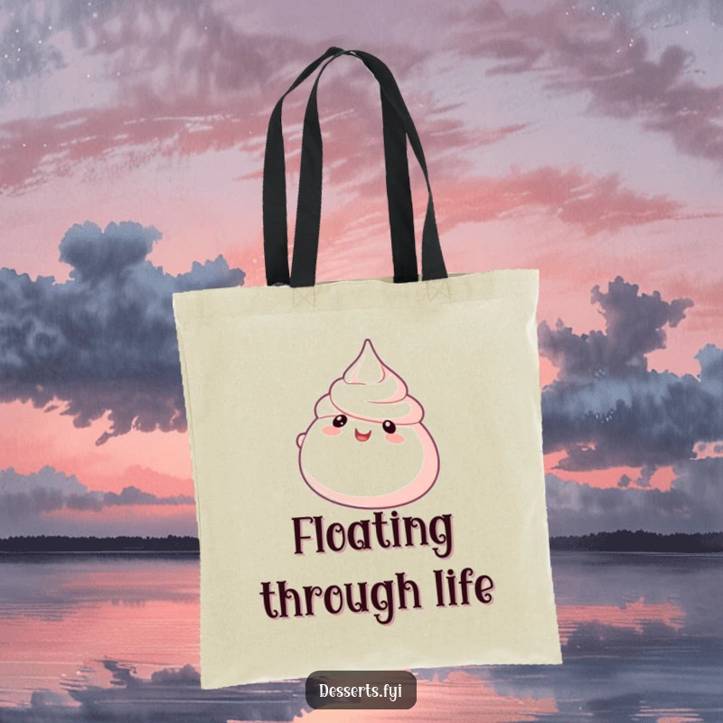 Funny Meringue Float Tote Bag showcasing a bubbly character floating, ideal for carrying items with sweet, airy humor.