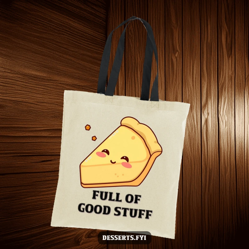 Funny pie tote bag featuring a content pie slice with a crusty edge, sighing happily, perfect for carrying essentials with a side of humor.