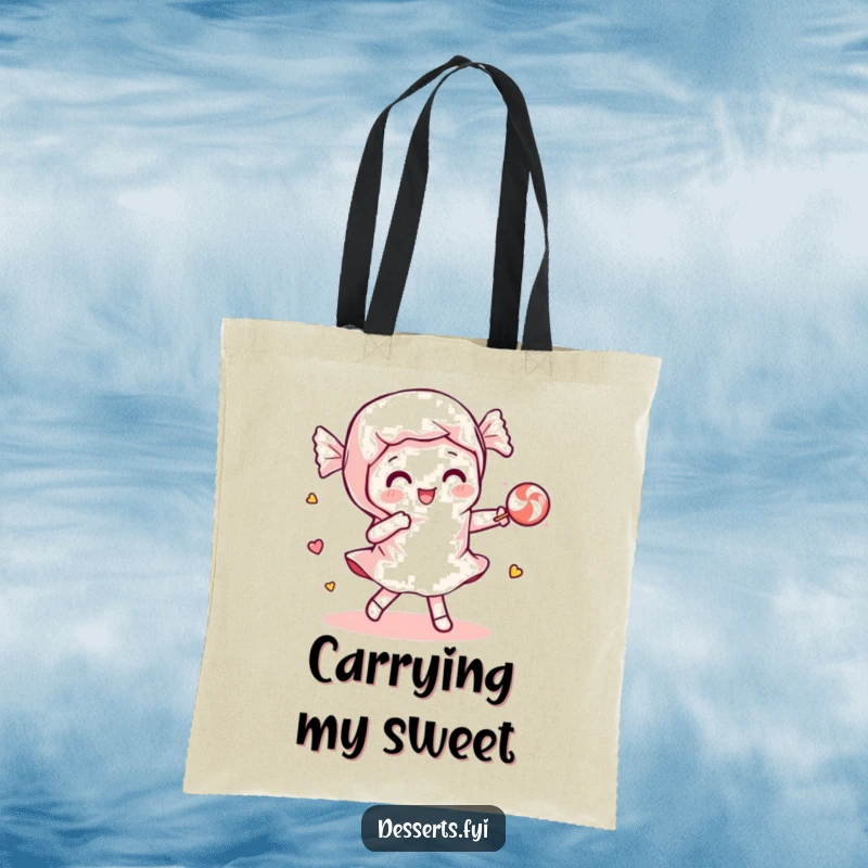 Funny tote bag featuring a playful candy wrapper dancing with a piece of candy, ideal for carrying essentials with sweet humor.