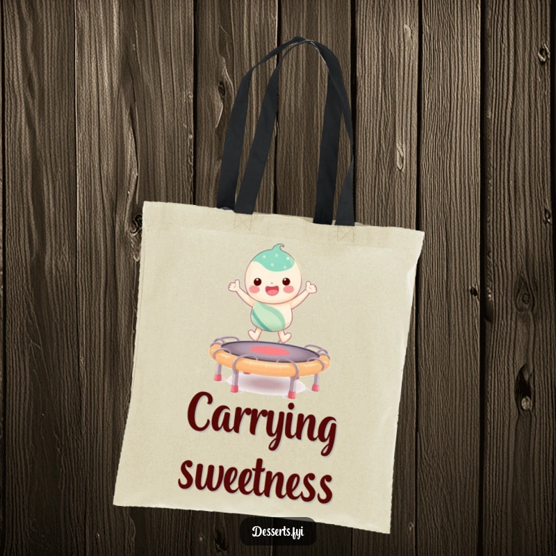 Funny tote bag illustrating a candy character effortlessly bouncing on a unique taffy trampoline, showcasing a lively and sweet design.