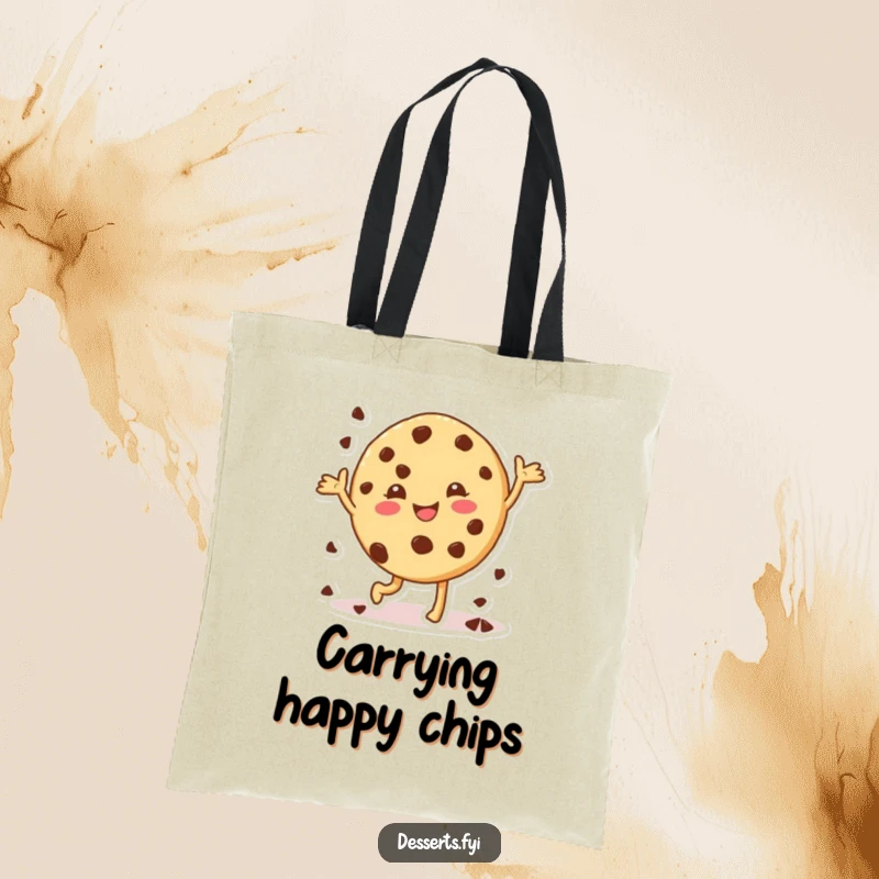 Funny cookie tote bag, a character doing a happy dance with chocolate chips, perfect for carrying items with a sweet twist.