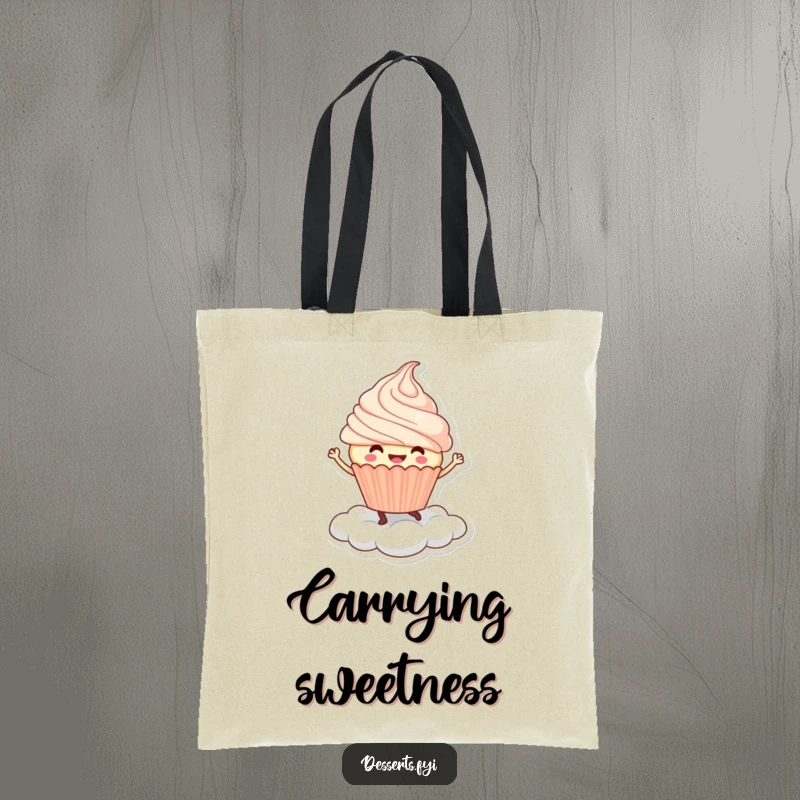 Funny Tote Bag: A smiling cupcake character dances joyfully on a whipped cream cloud, a sweet and humorous accessory.