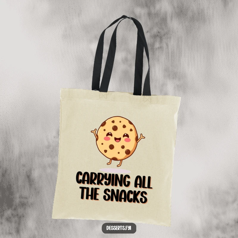 Funny cookie tote bag displaying a happy, dancing chocolate chip cookie ready to hold your items with a smile and flair.