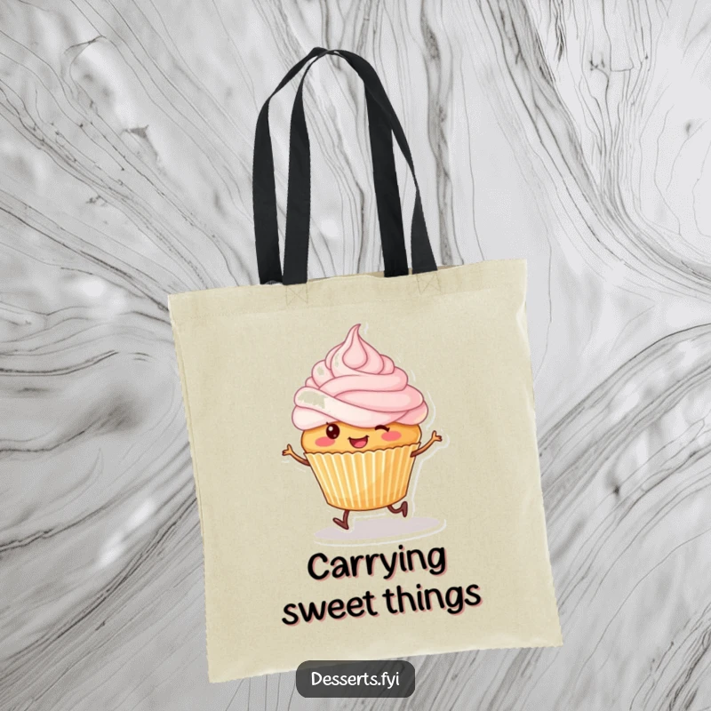 Funny tote bag featuring a smiling cupcake character with tiny legs happily skipping, its frosting a sweet detail.