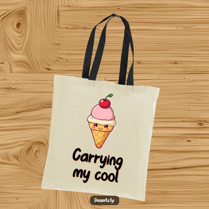 Funny Tote Bag: A smiling ice cream cone character balances a cherry on its head, perfect for carrying essentials with a sweet, humorous flair.