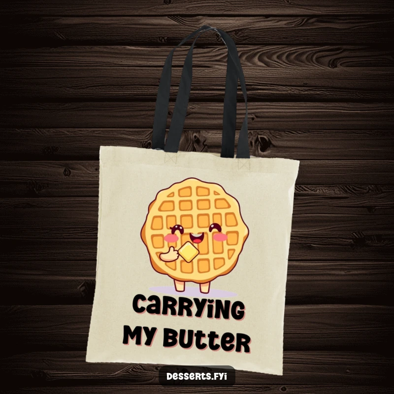 Funny Waffle Tote Bag depicting a smiling waffle with butter, ideal for carrying groceries with a side of breakfast humor.